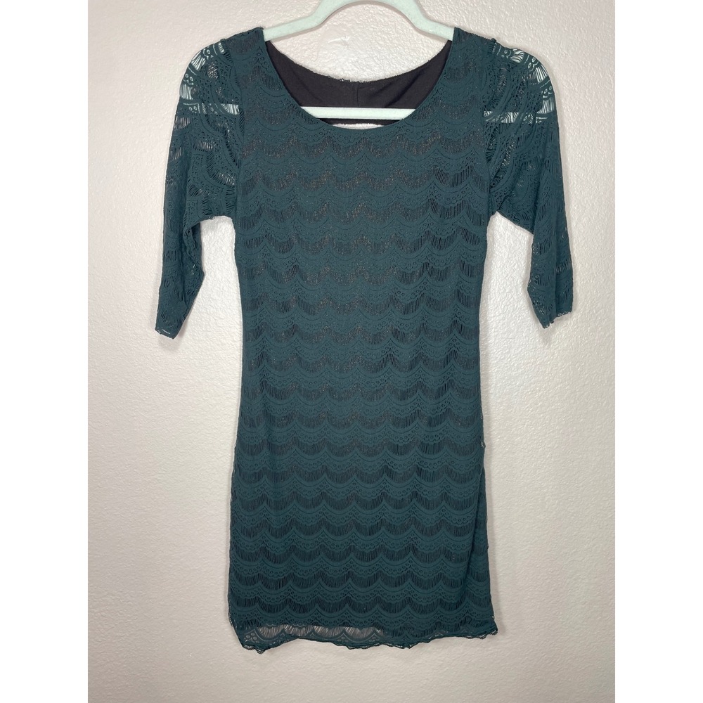 Free People Womens Teal Green Lace Bodycon Mini‎ Dress XS 3/4 Sleeve Cutout Back